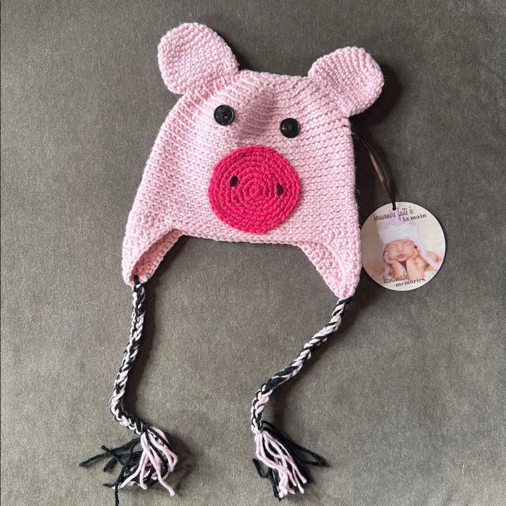 Daisy Baby Kids Crocheted Piglet Hat Beanie with Ear Flaps 2-8 years NWT